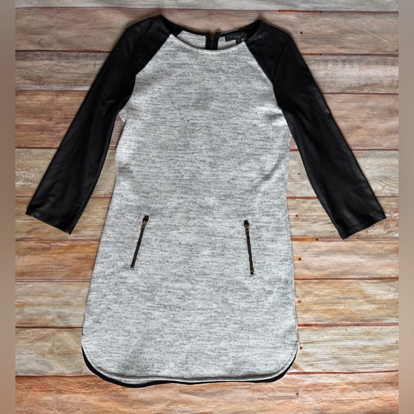 SANCTUARY Black & White Sweater Dress w/ Faux Leather 3/4 Sleeves Sz S - Picture 5 of 6